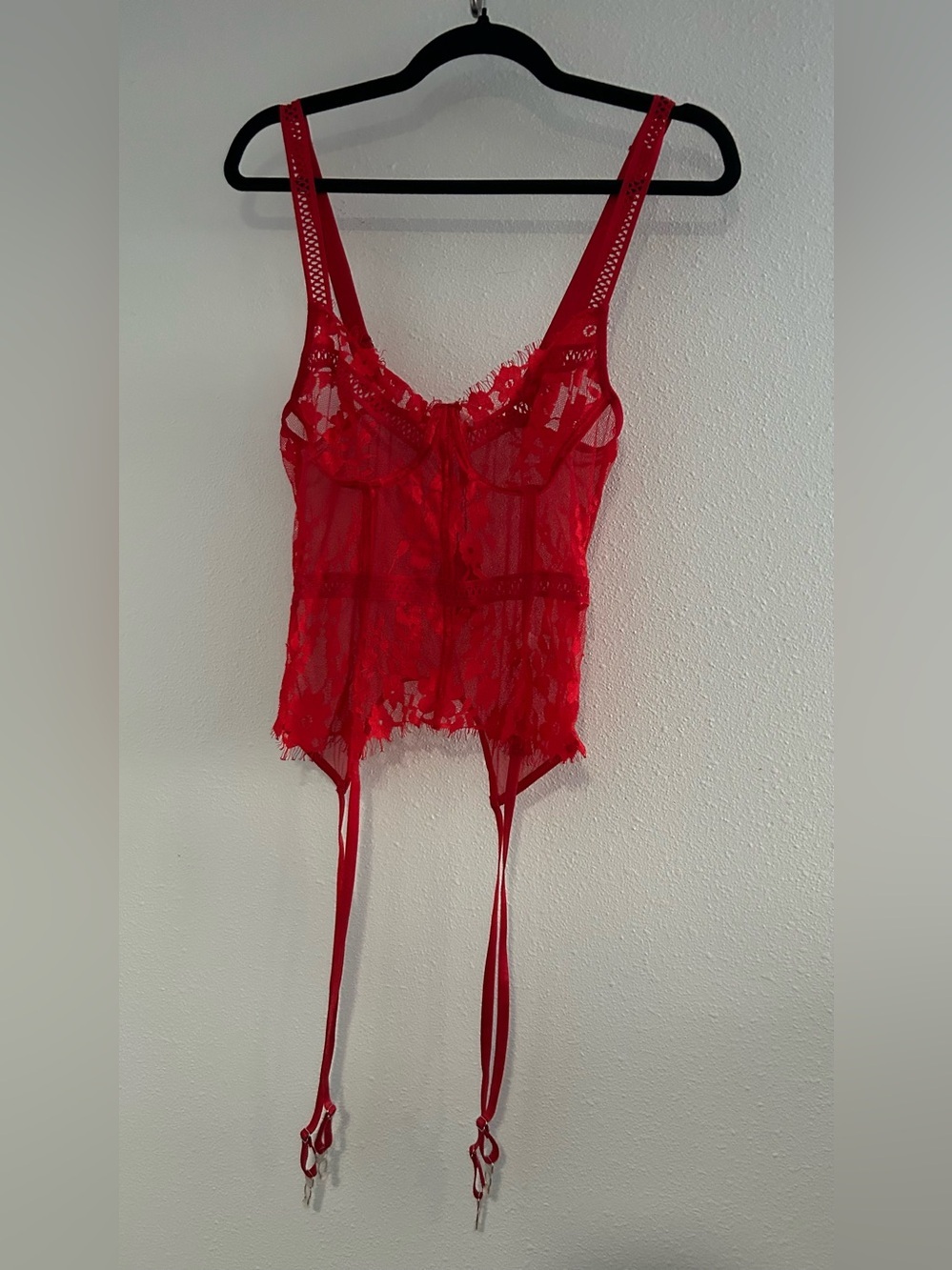 Avidlove Sheer Red Lace Bustier with Garter Straps